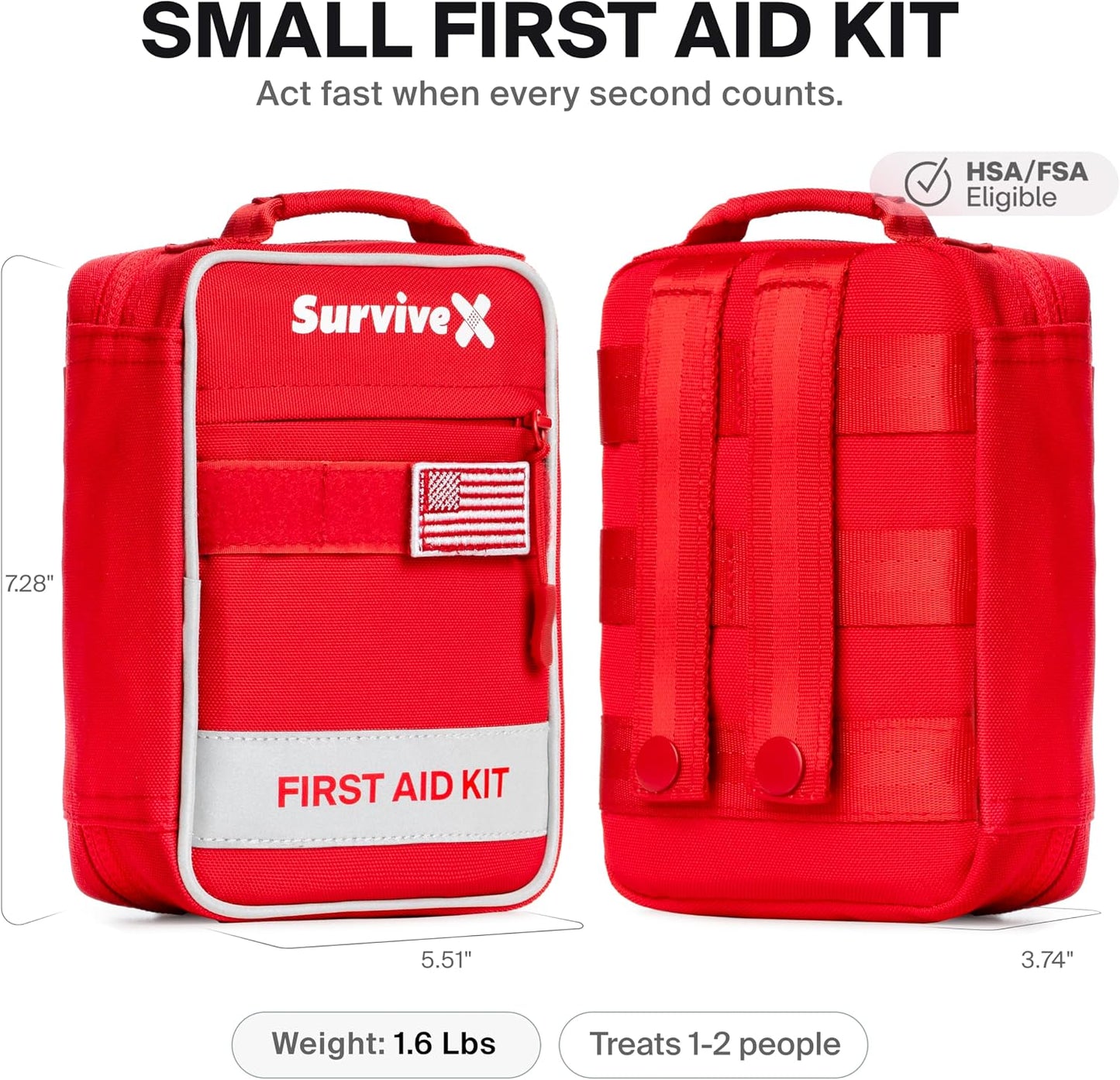 SurviveX Small First Aid Kit for Car, Travel & Home - Emergency Kit for Hiking, Camping, Backpacking and Outdoors - Includes Zip Stitch Wound Closure Strips
