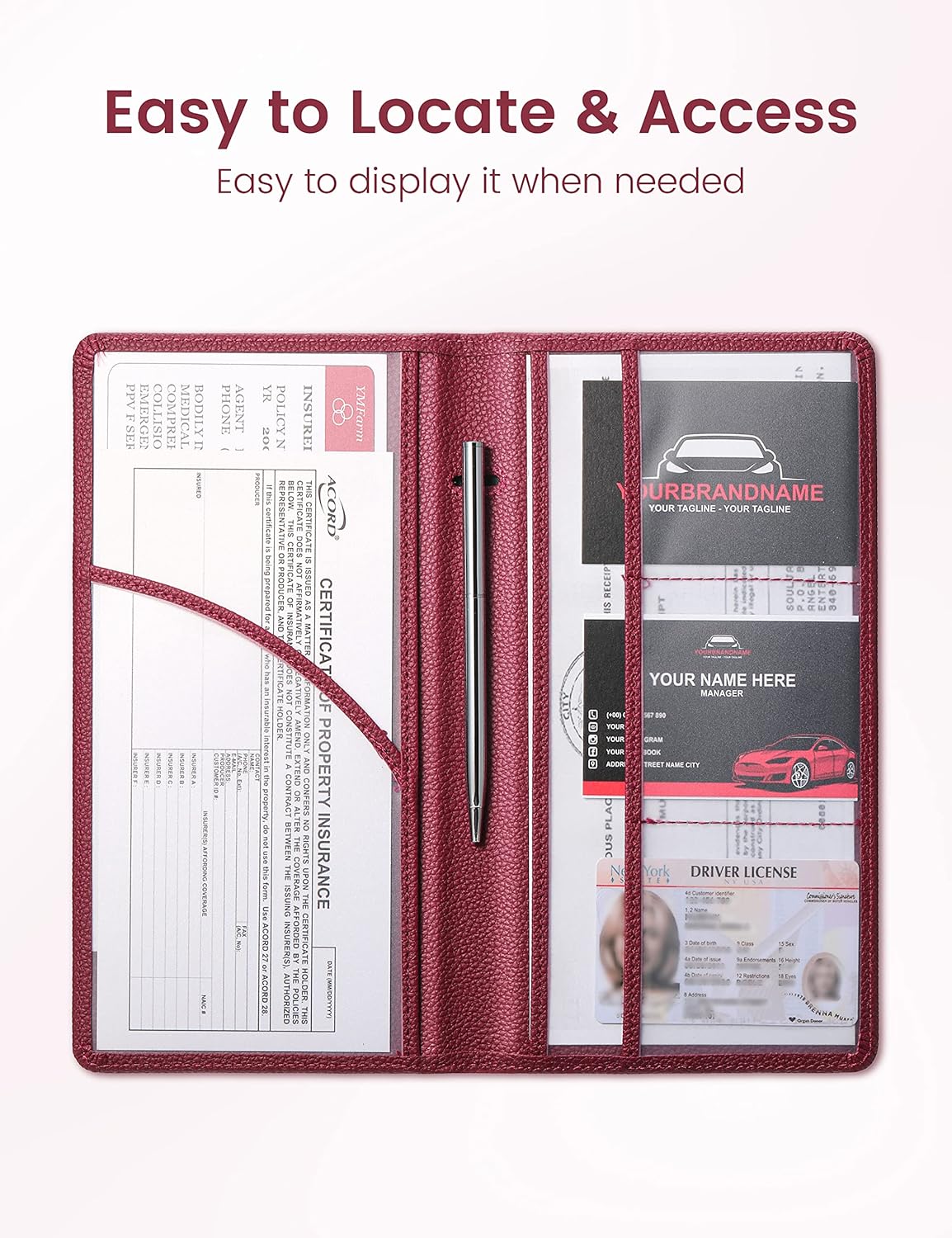 Yarnic Car Registration and Insurance Holder, Pu Leather Car Registration and Insurance Card Holder Car Document Holder for Cards, Essential Document, Driver License (Pink)