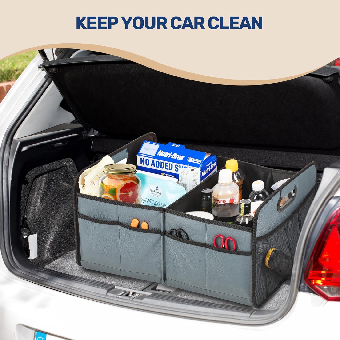 YSSOA Car Trunk Organizer, 2 Compartments Anti-slip 14" D x 22" W x 12" H Collapsible Trunk Storage, 600D Oxford Polyester Car Storage, Suitable for SUV, Minivan, Truck, Black