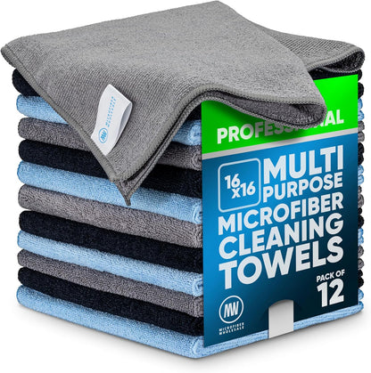 Microfiber Wholesale MW Pro 16x16 Auto Detailing Towels - Plush Car Drying Cloths for Wax Removal, Interiors & Body Shops - Scratch Free (Black, 12-Pack)