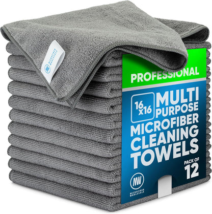 Microfiber Wholesale MW Pro 16x16 Auto Detailing Towels - Plush Car Drying Cloths for Wax Removal, Interiors & Body Shops - Scratch Free (Black, 12-Pack)