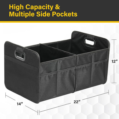 YSSOA Car Trunk Organizer, 2 Compartments Anti-slip 14" D x 22" W x 12" H Collapsible Trunk Storage, 600D Oxford Polyester Car Storage, Suitable for SUV, Minivan, Truck, Black