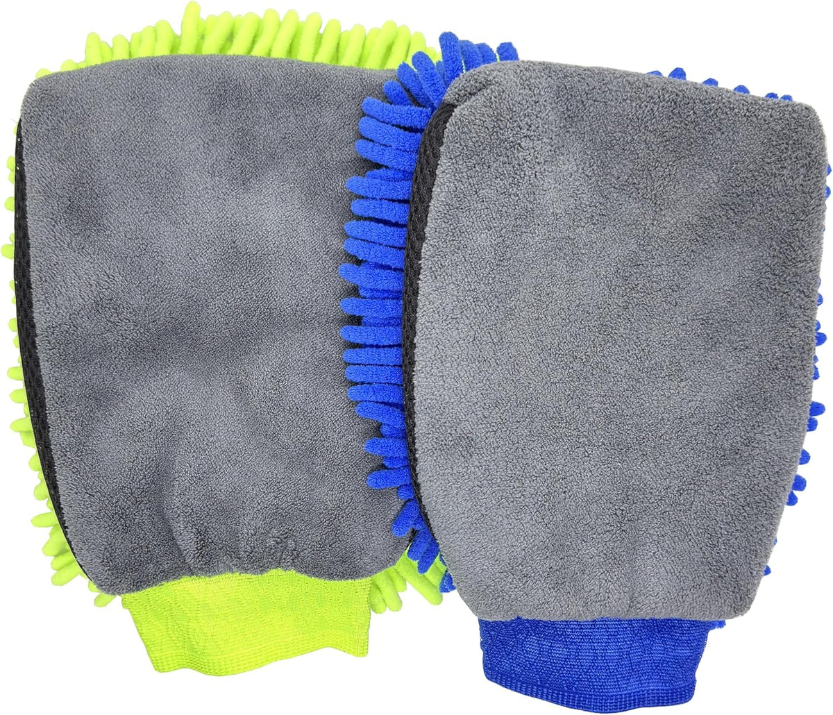 Car Wash Mitt Microfiber 2-PK, Scratch-Free & Lint-Free, Premium Chenille & Coral Fleece Double Sided, Waterproof Interior, Perfect for Car Washing & Detailing, 10.25" x 7.5", Green & Blue