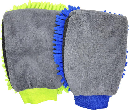 Car Wash Mitt Microfiber 2-PK, Scratch-Free & Lint-Free, Premium Chenille & Coral Fleece Double Sided, Waterproof Interior, Perfect for Car Washing & Detailing, 10.25" x 7.5", Green & Blue