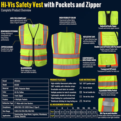 JKSafety Safety Vest for men women Hi Vis Reflective Vest with Pockets and Zipper High Visibility Meet ANSI Standard（BX320