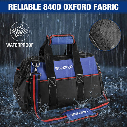 WORKPRO 16-inch Wide Mouth Tool Bag with Water Proof Molded Base | Multi-Pocket, Heavy Duty Cloth, Adjustable Shoulder Strap, Double-pull Zipper, For Workshops, Outdoor Projects