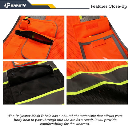 JKSafety 9 Pockets Class 2 High Visibility Zipper Front Safety Vest With Reflective Strips,Meets ANSI/ISEA Standard (Large, 150-Yellow) - Colors A