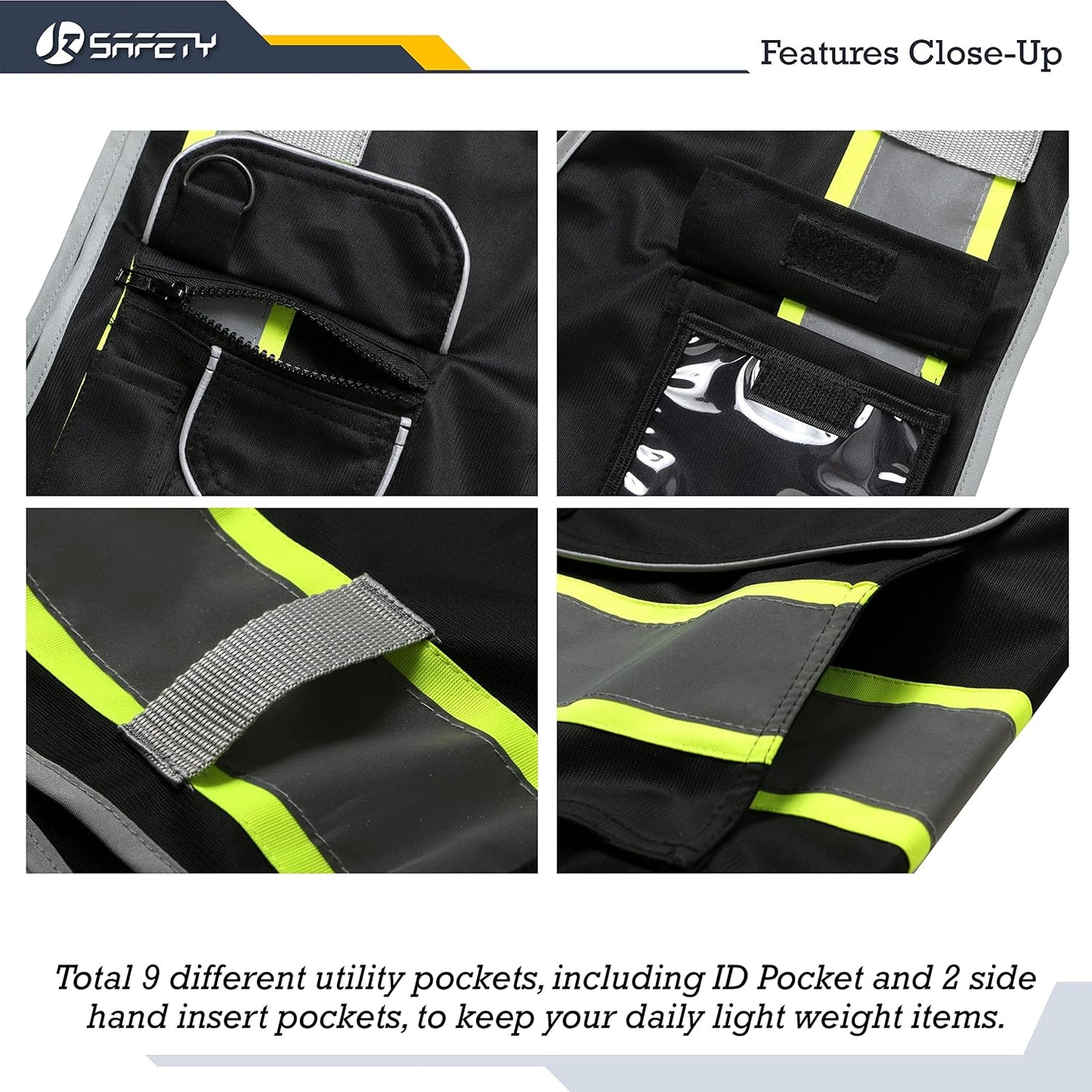 JKSafety 9 Pockets Class 2 High Visibility Zipper Front Safety Vest With Reflective Strips,Meets ANSI/ISEA Standard (Large, 150-Yellow) - Colors B