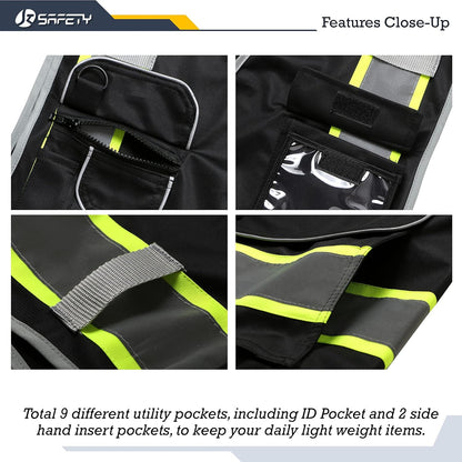 JKSafety 9 Pockets Class 2 High Visibility Zipper Front Safety Vest With Reflective Strips,Meets ANSI/ISEA Standard (Large, 150-Yellow) - Colors B