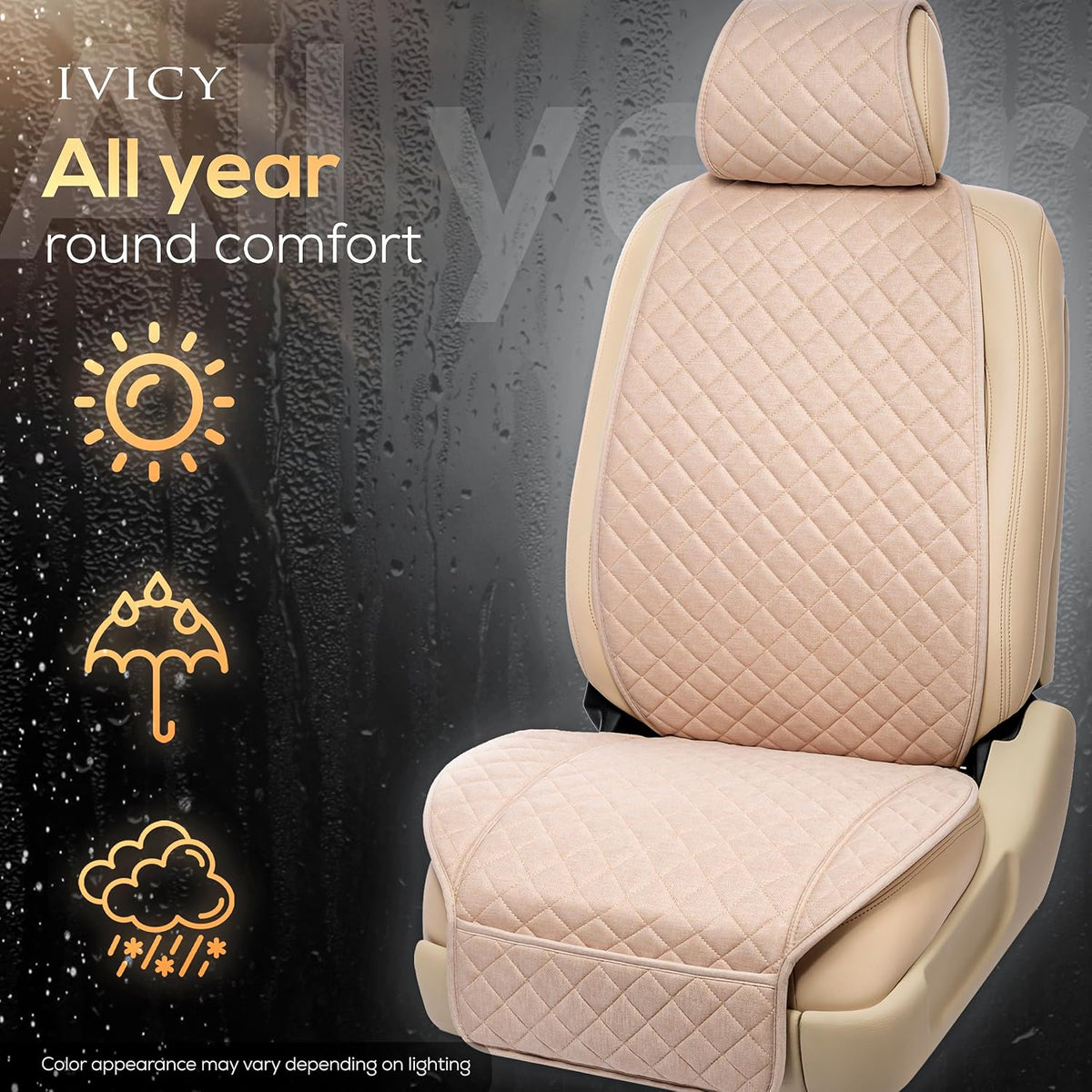 IVICY Faux Linen Front Car Seat Cover – Non-Slip Bucket Seat Protector for Most Cars, SUVs, Vans & Trucks – 1 Seat Cover, Machine Washable, Side-Airbag Friendly, Light Beige