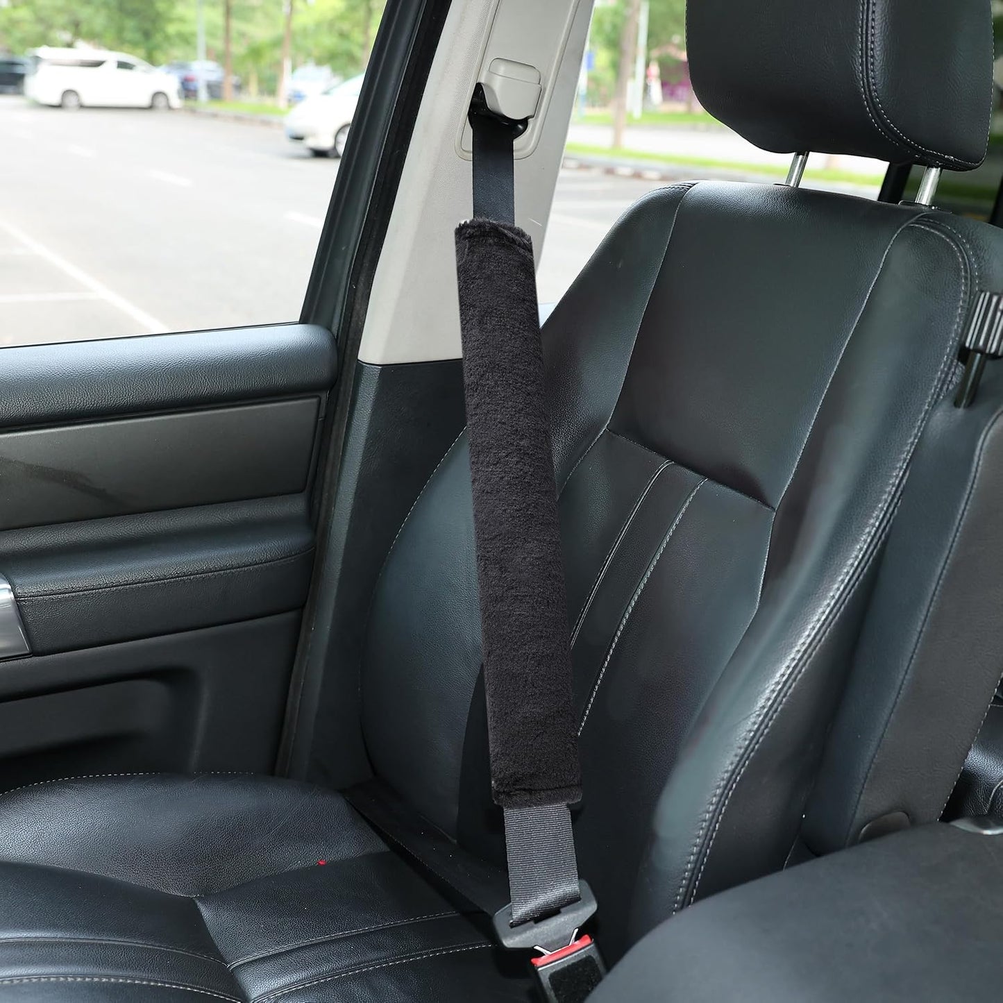 Amooca Soft Faux Fur Universal Fit Seatbelt Cover Car Truck SUV Airplane Seat Belt Shoulder Pad for Carmera Backpack Straps Neck Cushion Protector 2 Pack 10.5in Dark Gray