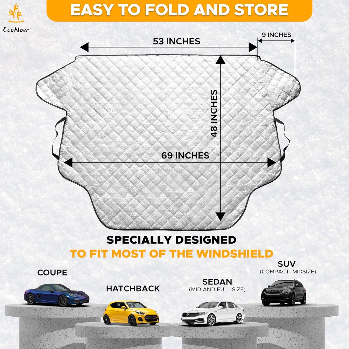 EcoNour Windshield Cover for Ice and Snow - Universal Fit for Car, SUV, Truck, Heavy Duty 600D Oxford Fabric Frost Protector for Ice & Sleet, Includes Anti-Theft Straps, Medium (69"x42")
