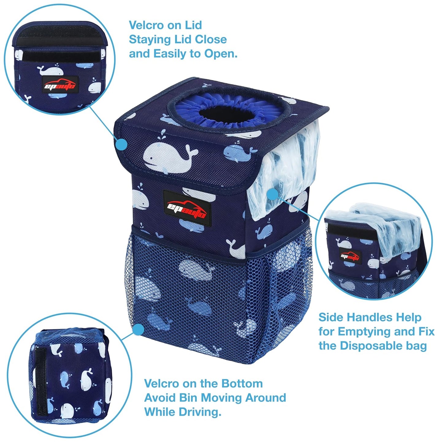 EPAuto Waterproof Car Trash Can with Lid and Storage Pockets, 2.5 Gallon, Black