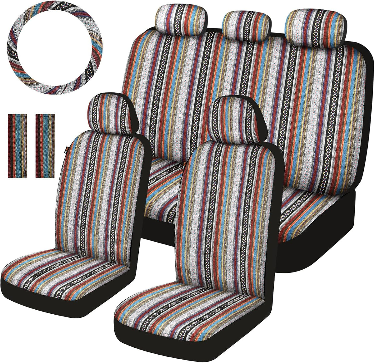 Baja Saddle Blanket Car Seat Covers Front Set, Washable Breathable Striped Woven Cloth Seat Covers for Cars, SUV, Truck, Airbag Compatible(Orange)