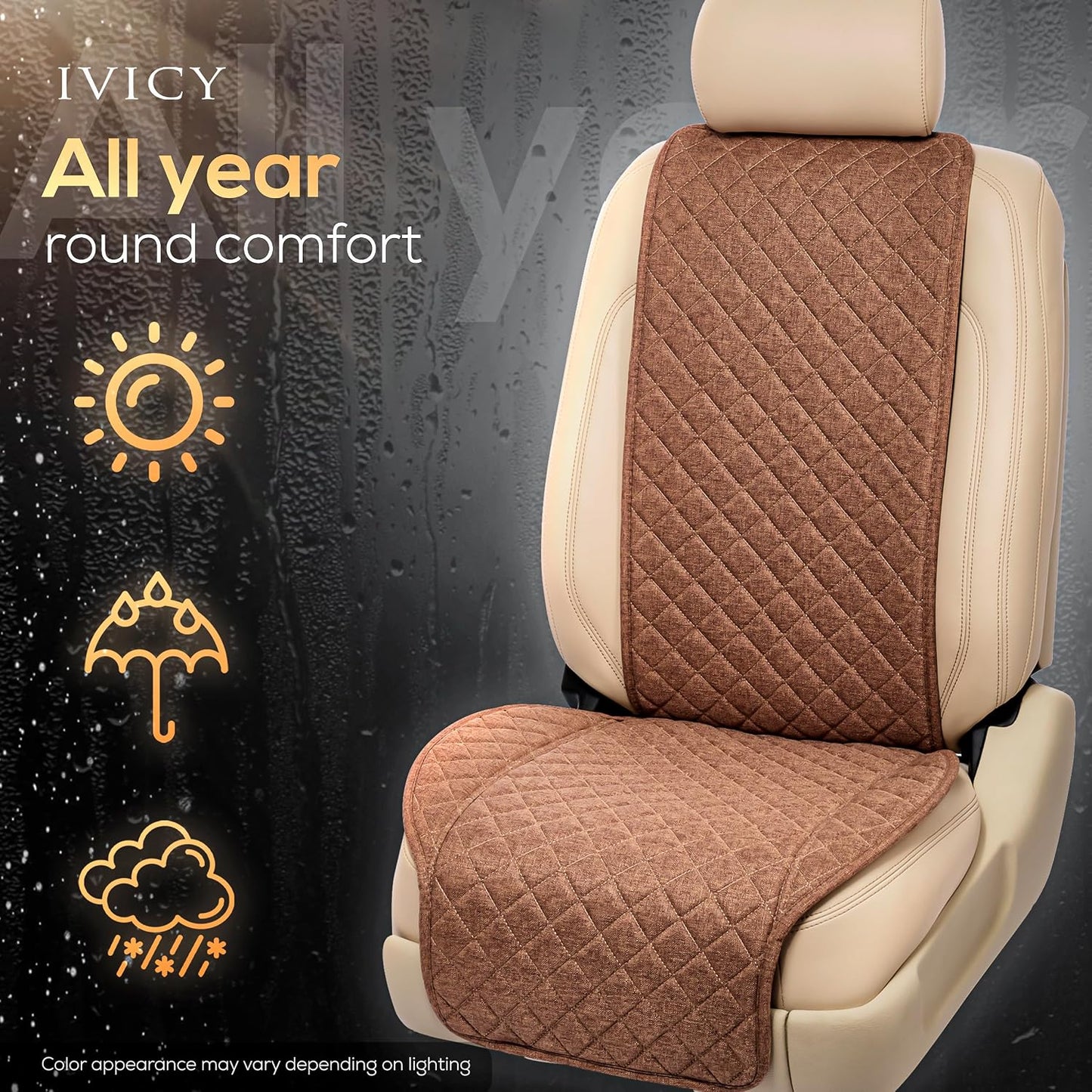 IVICY Faux Linen Front Car Seat Cover – Non-Slip Bucket Seat Protector for Most Cars, SUVs, Vans & Trucks – 1 Seat Cover, Machine Washable, Side-Airbag Friendly, Light Beige