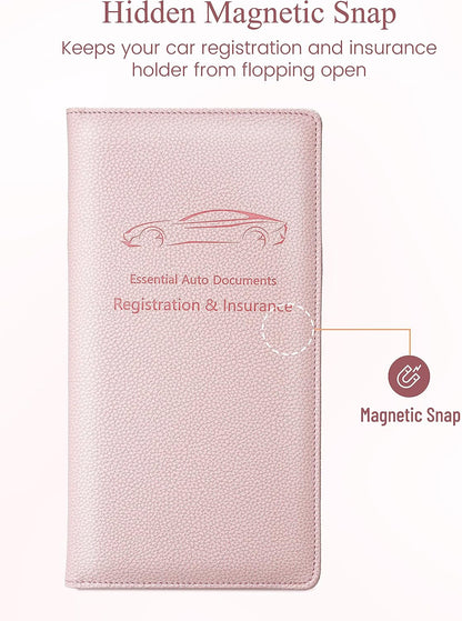 Yarnic Car Registration and Insurance Holder, Pu Leather Car Registration and Insurance Card Holder Car Document Holder for Cards, Essential Document, Driver License (Pink)