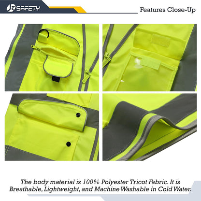 JKSafety 9 Pockets Class 2 High Visibility Zipper Front Safety Vest With Reflective Strips,Meets ANSI/ISEA Standard (Large, 150-Yellow) - Colors B