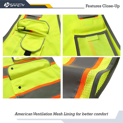 JKSafety 9 Pockets Class 2 High Visibility Zipper Front Safety Vest With Reflective Strips,Meets ANSI/ISEA Standard (Large, 150-Yellow) - Colors A