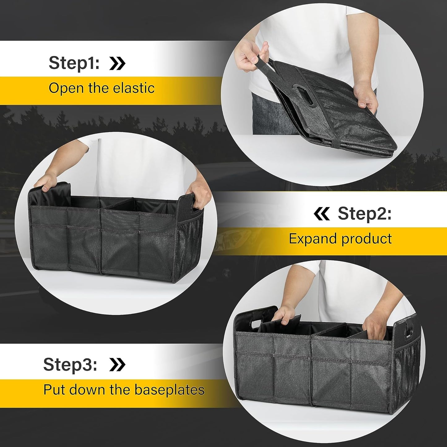 YSSOA Car Trunk Organizer, 2 Compartments Anti-slip 14" D x 22" W x 12" H Collapsible Trunk Storage, 600D Oxford Polyester Car Storage, Suitable for SUV, Minivan, Truck, Black