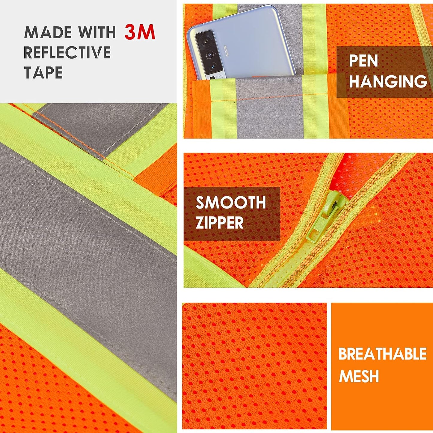 High Visibility Reflective Safety Vest with Zipper and Pockets Orange,M