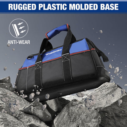 WORKPRO 16-inch Wide Mouth Tool Bag with Water Proof Molded Base | Multi-Pocket, Heavy Duty Cloth, Adjustable Shoulder Strap, Double-pull Zipper, For Workshops, Outdoor Projects