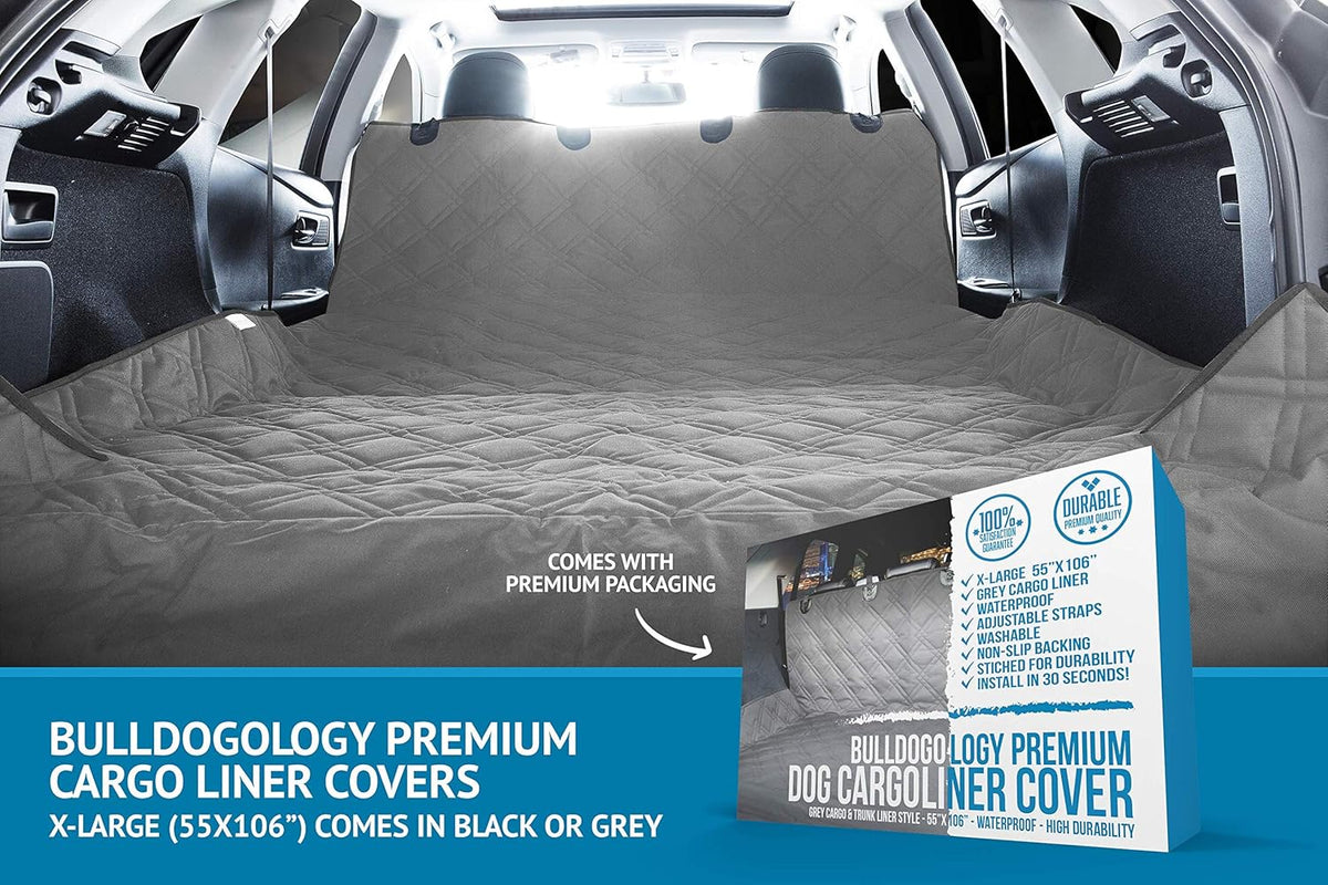 Bulldogology SUV Cargo Liner for Dogs 55"x82" Heavy Duty Pet Trunk Cargo Cover Area - Trunk Cover Car Protector for Dogs Waterproof Nonslip Mat - Dog Cargo Liner SUVs Vans Cars (Large, Black)