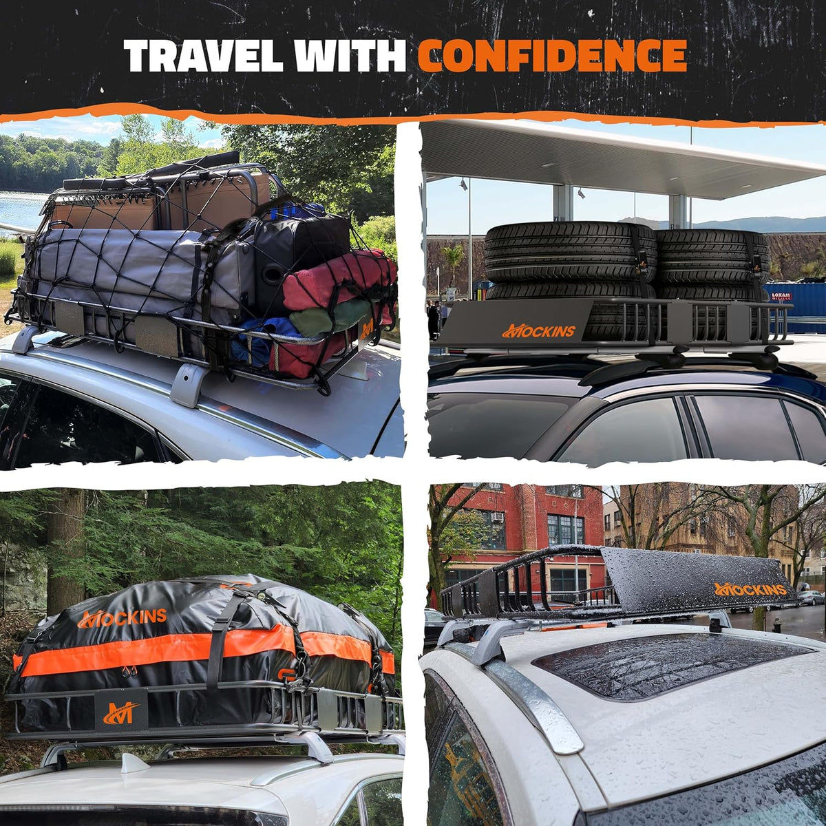 Mockins 16 Cu Ft Weatherproof No Rack Rooftop Cargo Carrier Bag 45"x34"x18" | Rooftop Cargo Bag for Top of Car | Car Topper Luggage Carrier Waterproof Set w/ Accessories | Vehicle Soft-Shell Carriers