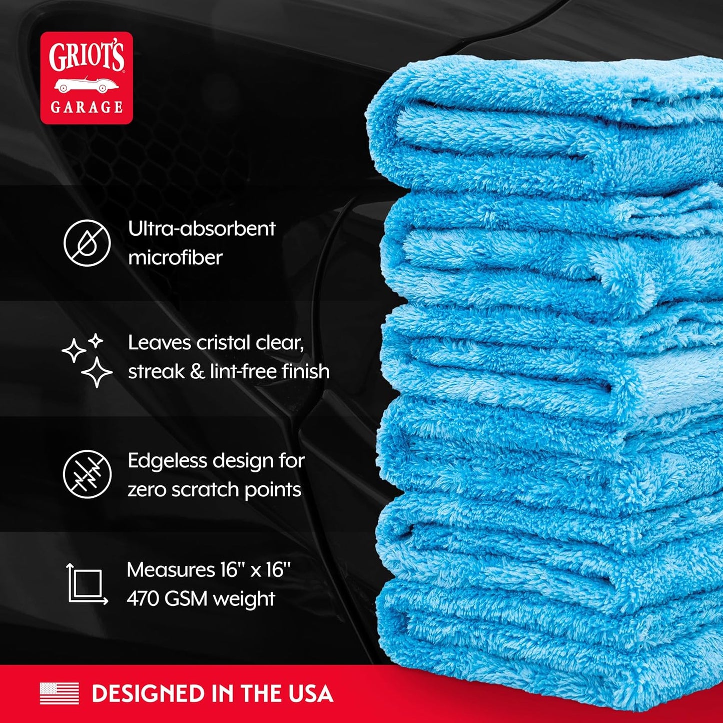 Griot's Garage Microfiber Plush Edgeless Towels, for Car Cleaning, Detailing and Polishing, Scratch-Free, 16” x 16”, Set of 6, 14901