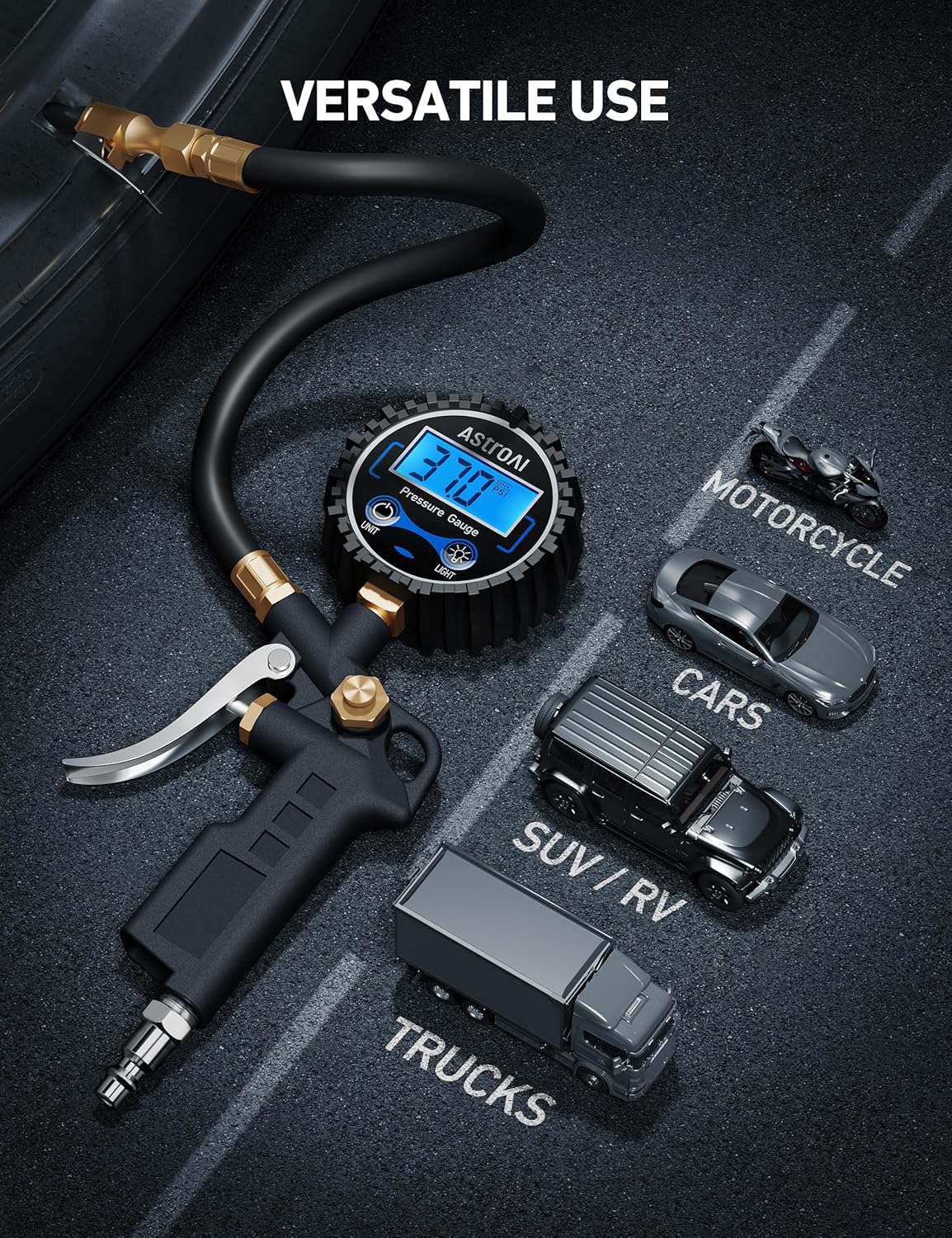 AstroAI Digital Tire Pressure Gauge with Inflator, 3-250 PSI Air Chuck & Compressor Accessories Heavy Duty with Quick Connect Coupler, 0.1 Display Resolution, 1Pack Standard