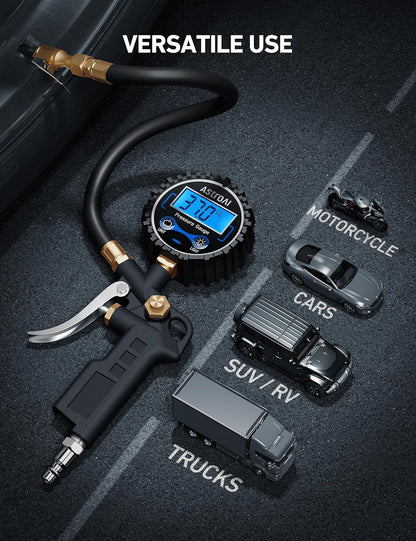 AstroAI Digital Tire Pressure Gauge with Inflator, 3-250 PSI Air Chuck & Compressor Accessories Heavy Duty with Quick Connect Coupler, 0.1 Display Resolution, 1Pack Standard