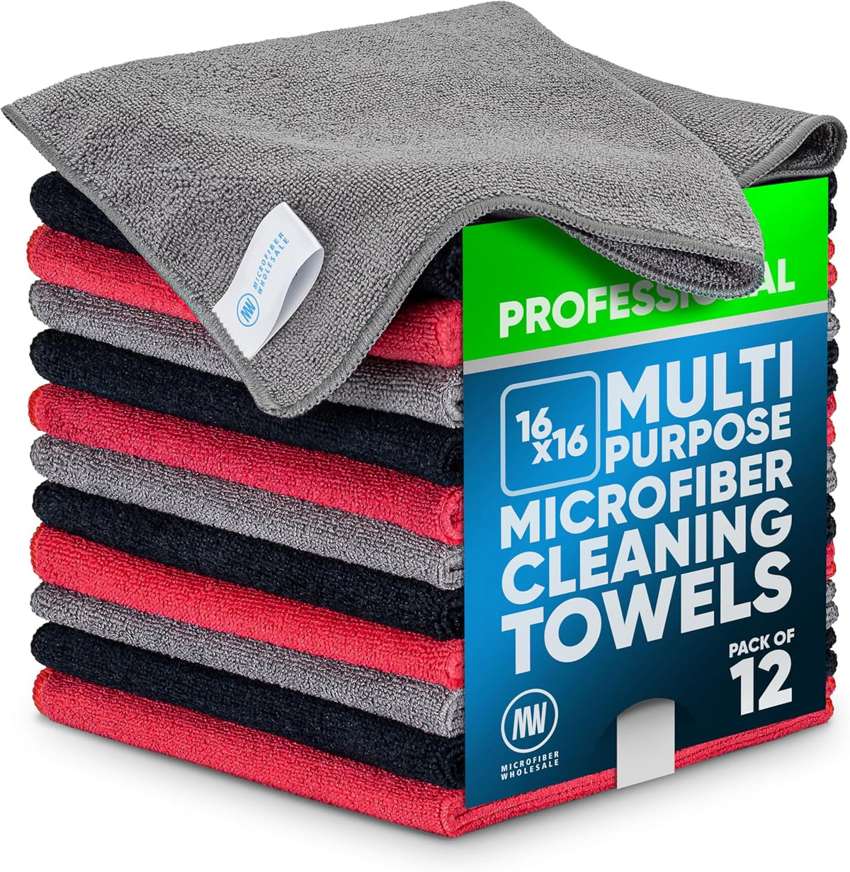 Microfiber Wholesale MW Pro 16x16 Auto Detailing Towels - Plush Car Drying Cloths for Wax Removal, Interiors & Body Shops - Scratch Free (Black, 12-Pack)