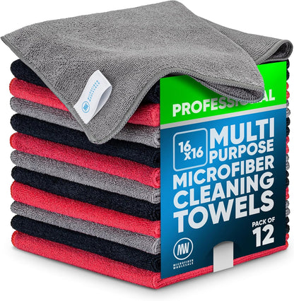 Microfiber Wholesale MW Pro 16x16 Auto Detailing Towels - Plush Car Drying Cloths for Wax Removal, Interiors & Body Shops - Scratch Free (Black, 12-Pack)