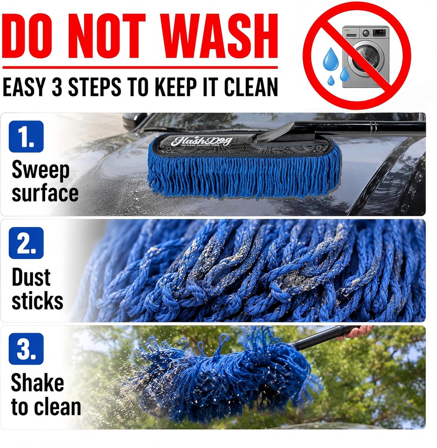 Flash Dog Car Duster Exterior & Interior Duster Aluminum Alloy Extendable Handle and Wax Cotton Strands Scratch-Free Cleaning for Cars, SUVs, RVs | Waterless Dust & Pollen Remover