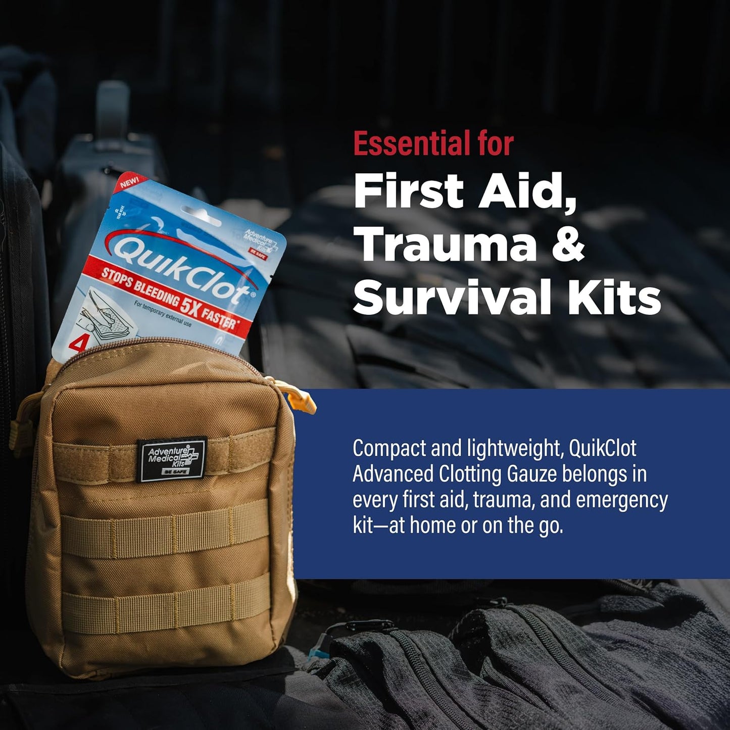 Adventure Medical Kits QuikClot Advanced Clotting Gauze - Stops Bleeding Up to 5X Faster Than Standard Gauze - Kaolin Hemostatic Dressing - for First Aid Kits & Survival Gear - 3 x 24