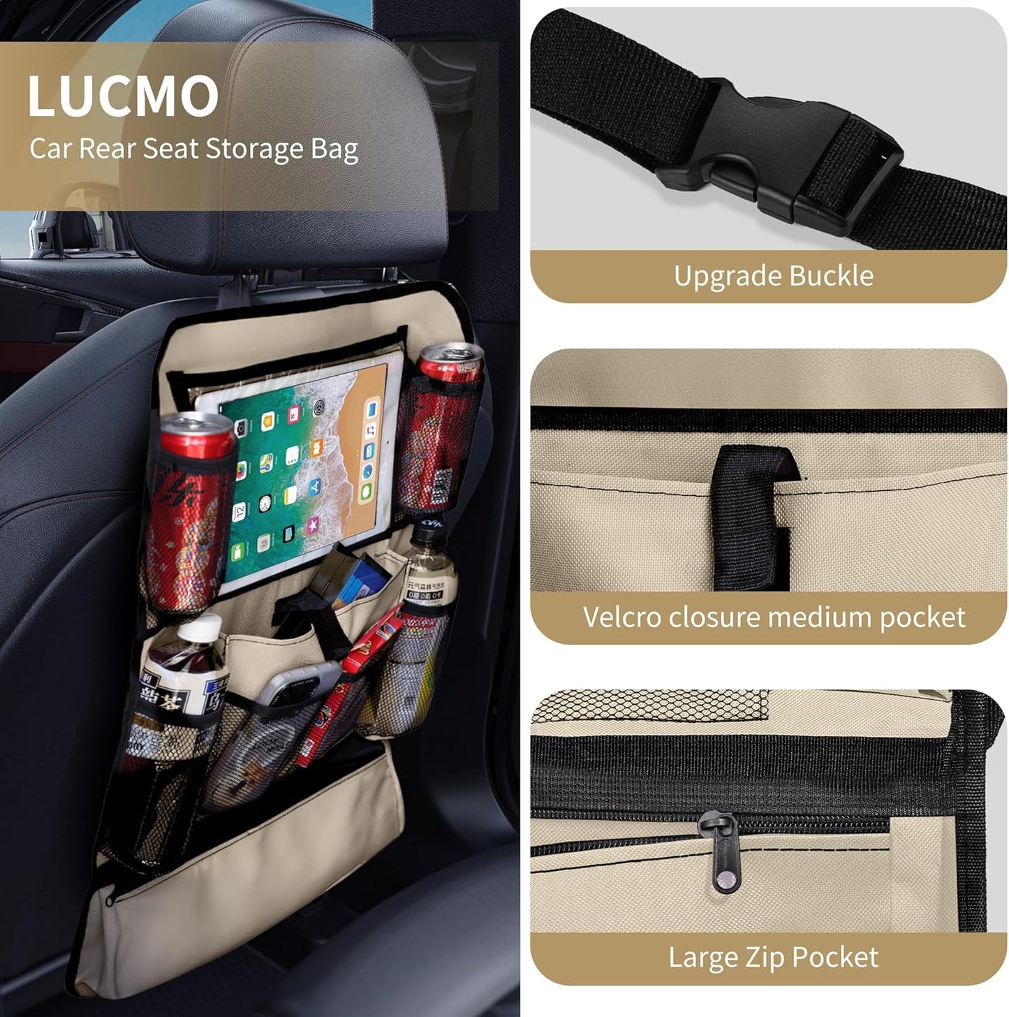 LUCMO Car Backseat Organizer with Tablet Holder,6 Storage Pockets Car Storage Organizer with Foldable Food Tray,Protectors Kick Mats Travel Accessories-Black