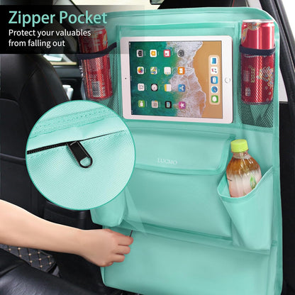 LUCMO Car Backseat Organizer with Tablet Holder,6 Storage Pockets Car Storage Organizer with Foldable Food Tray,Protectors Kick Mats Travel Accessories-Black