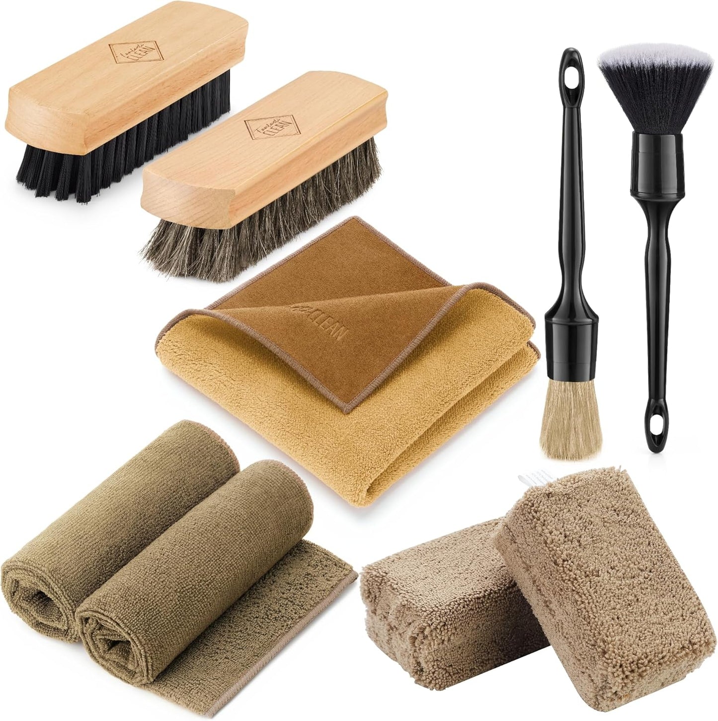 Fantasticlean 9PCS Car Interior Detailing Set, Microfiber Cloth & Applicator, Single-Head Detailing Brushes, Natural Bristles, Scratch-Free & Ultra-Soft for Seats Leather Care or Cleaning