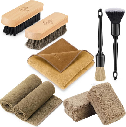 Fantasticlean 9PCS Car Interior Detailing Set, Microfiber Cloth & Applicator, Single-Head Detailing Brushes, Natural Bristles, Scratch-Free & Ultra-Soft for Seats Leather Care or Cleaning