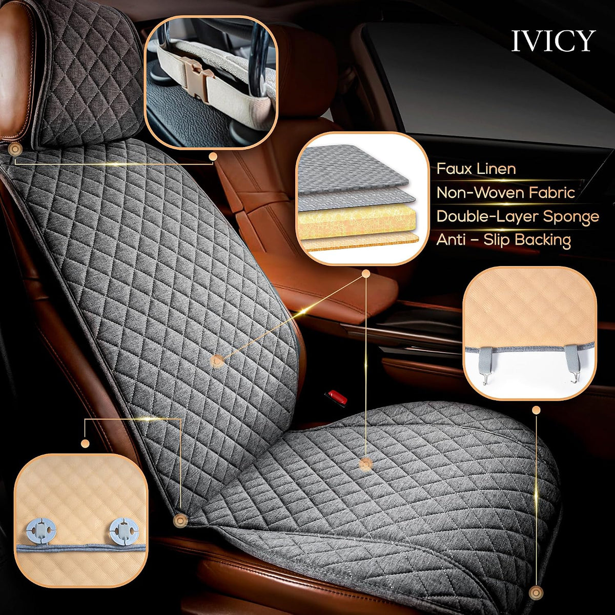 IVICY Faux Linen Front Car Seat Cover – Non-Slip Bucket Seat Protector for Most Cars, SUVs, Vans & Trucks – 1 Seat Cover, Machine Washable, Side-Airbag Friendly, Light Beige