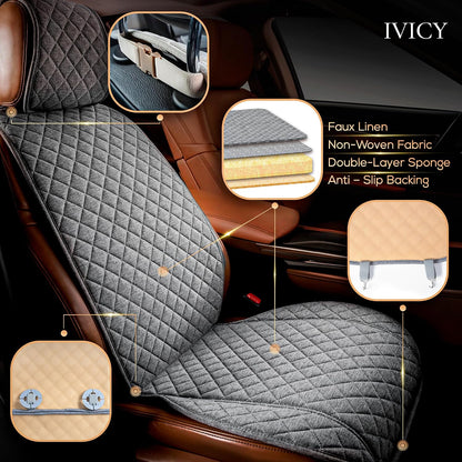 IVICY Faux Linen Front Car Seat Cover – Non-Slip Bucket Seat Protector for Most Cars, SUVs, Vans & Trucks – 1 Seat Cover, Machine Washable, Side-Airbag Friendly, Light Beige