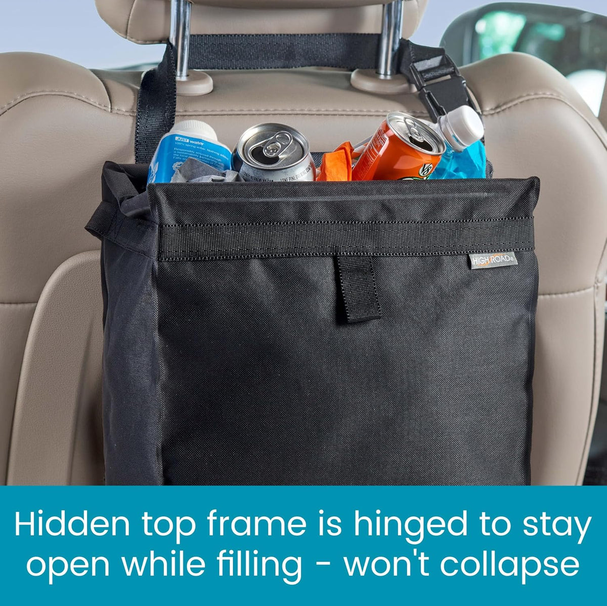 High Road TrashStash Hanging Car Garbage Bag with Push-Close Lid and Waterproof Bin for Car, SUV and Truck Seat Backs - Holds 3 Gallons of Car Trash (Black)