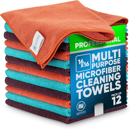 Microfiber Wholesale MW Pro 16x16 Auto Detailing Towels - Plush Car Drying Cloths for Wax Removal, Interiors & Body Shops - Scratch Free (Black, 12-Pack)