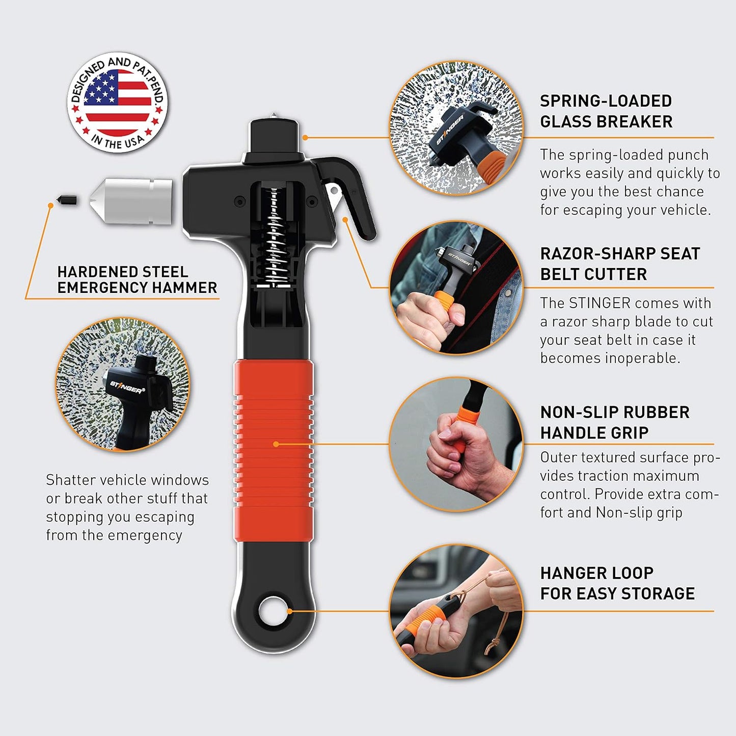 Stinger Super Duty Car Emergency Escape Tool, Hardened Carbon Steel Vehicle Safety Hammer, Spring Loaded Window Breaker, Razor Sharp Seat Belt Cutter, Auto Accident Life-Saving Rescue Tool (Orange)