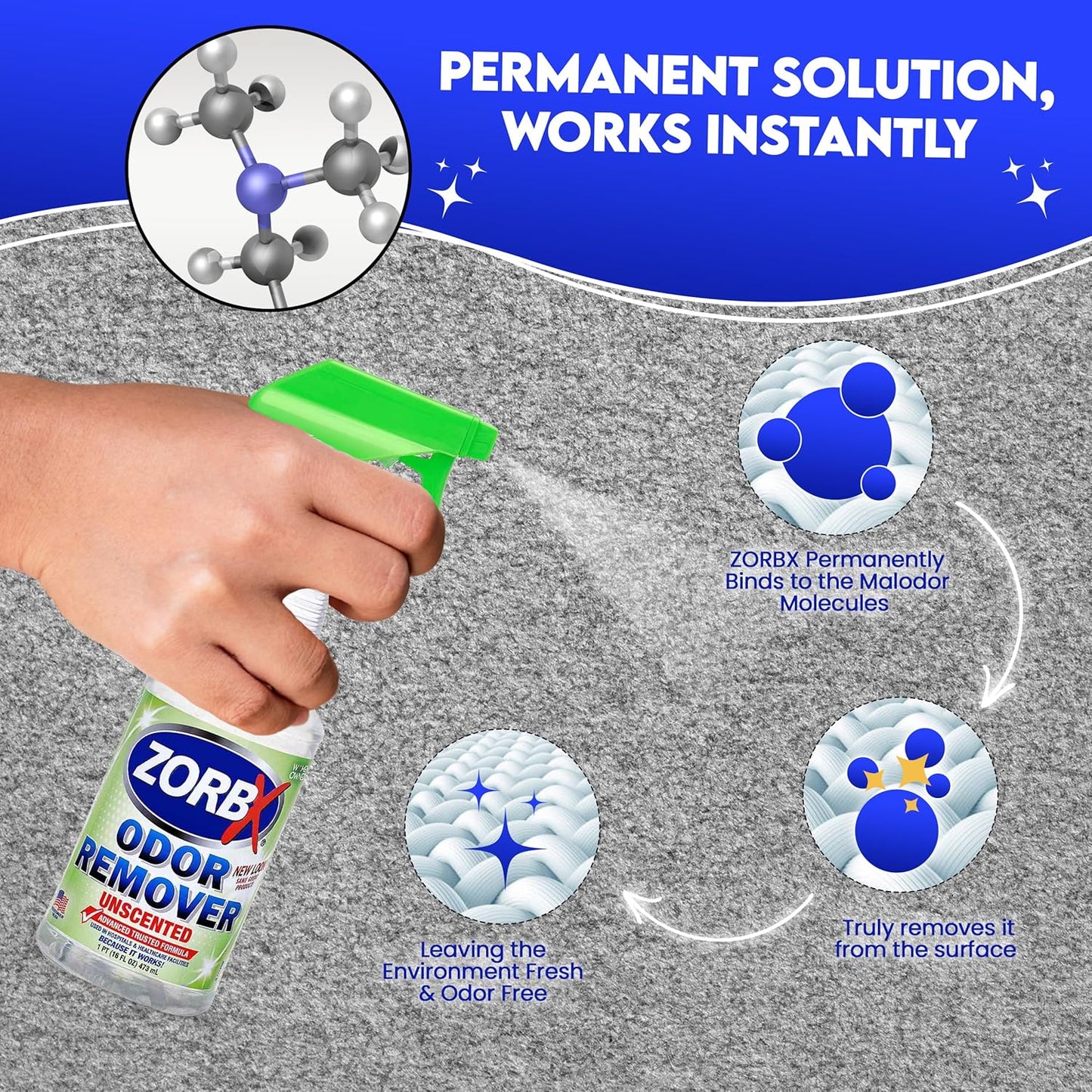 ZORBX Unscented Odor Eliminator for Strong Odor 2 Fl Oz, Pack of 1 - Used in Hospitals & Healthcare Facilities - Advanced Formula, Fast-Acting Odor Remover Spray for Dog, Cat, House & Carpet