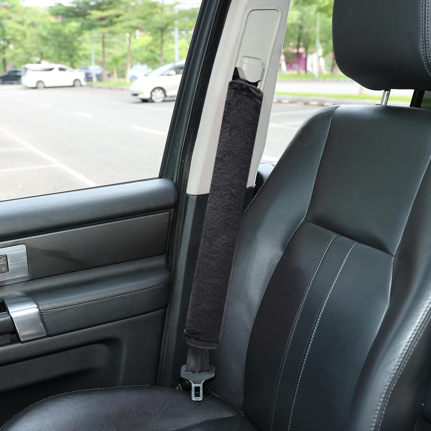 Amooca Soft Faux Fur Universal Fit Seatbelt Cover Car Truck SUV Airplane Seat Belt Shoulder Pad for Carmera Backpack Straps Neck Cushion Protector 2 Pack 10.5in Dark Gray