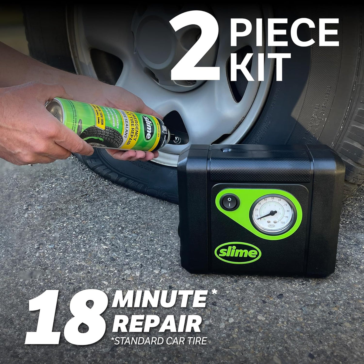 Slime 50107 Flat Tire Puncture Repair, Smart Spair, Emergency Kit For Car Tires, Includes Sealant And Tire Inflator Pump, Suitable For Cars And Other Highway Vehicles, 15 Min Fix