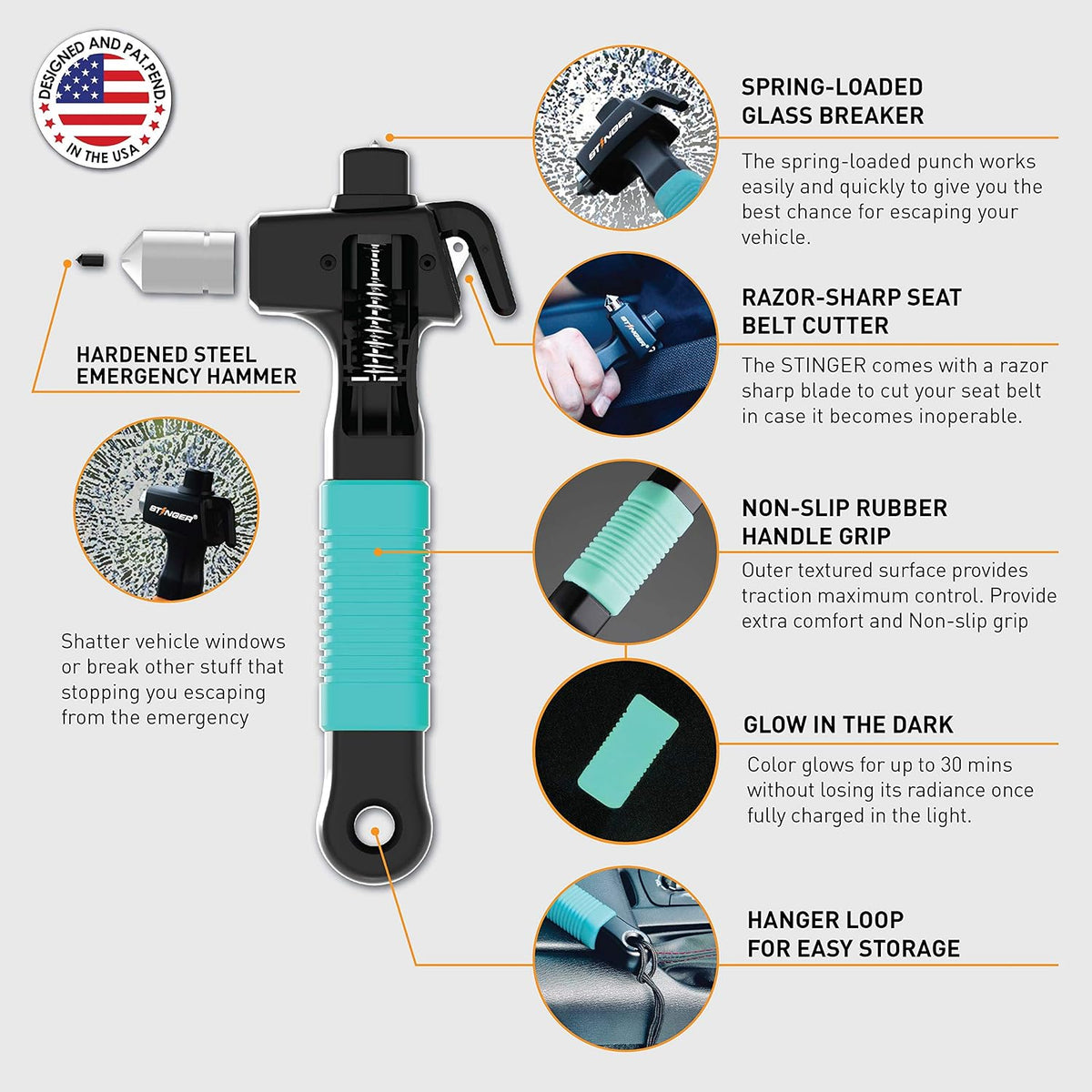 Stinger Super Duty Car Emergency Escape Tool, Hardened Carbon Steel Vehicle Safety Hammer, Spring Loaded Window Breaker, Razor Sharp Seat Belt Cutter, Auto Accident Life-Saving Rescue Tool (Orange)