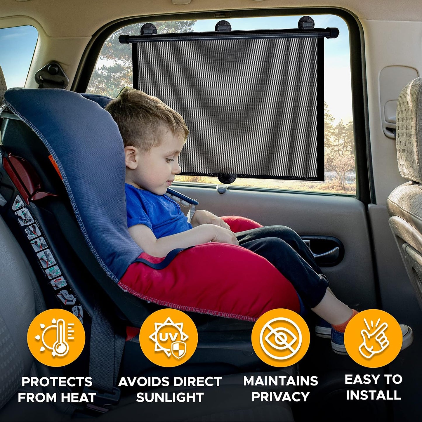 EcoNour Car Side Window Sun Shade (2 Pack) | Retractable Roller Sunshade for Kids | Baby Car Window Shades for UV and Sun Glare Protection | Baby Travel Accessories (15"x17")