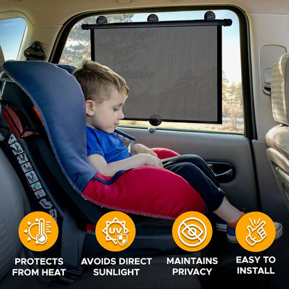 EcoNour Car Side Window Sun Shade (2 Pack) | Retractable Roller Sunshade for Kids | Baby Car Window Shades for UV and Sun Glare Protection | Baby Travel Accessories (15"x17")
