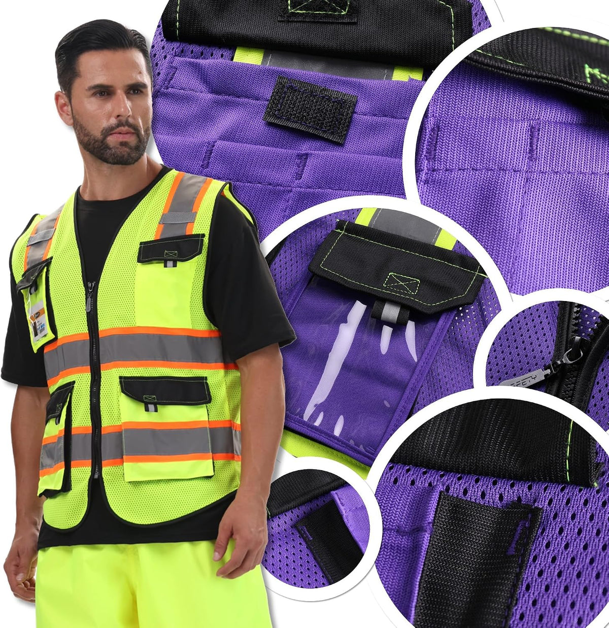 JKSafety Hi Vis Reflective Safety Vests for Men Women High Visibility Vest with Pockets Mesh Fabric Construction Safety Apparel Neon Vest for Work (220-Black L)